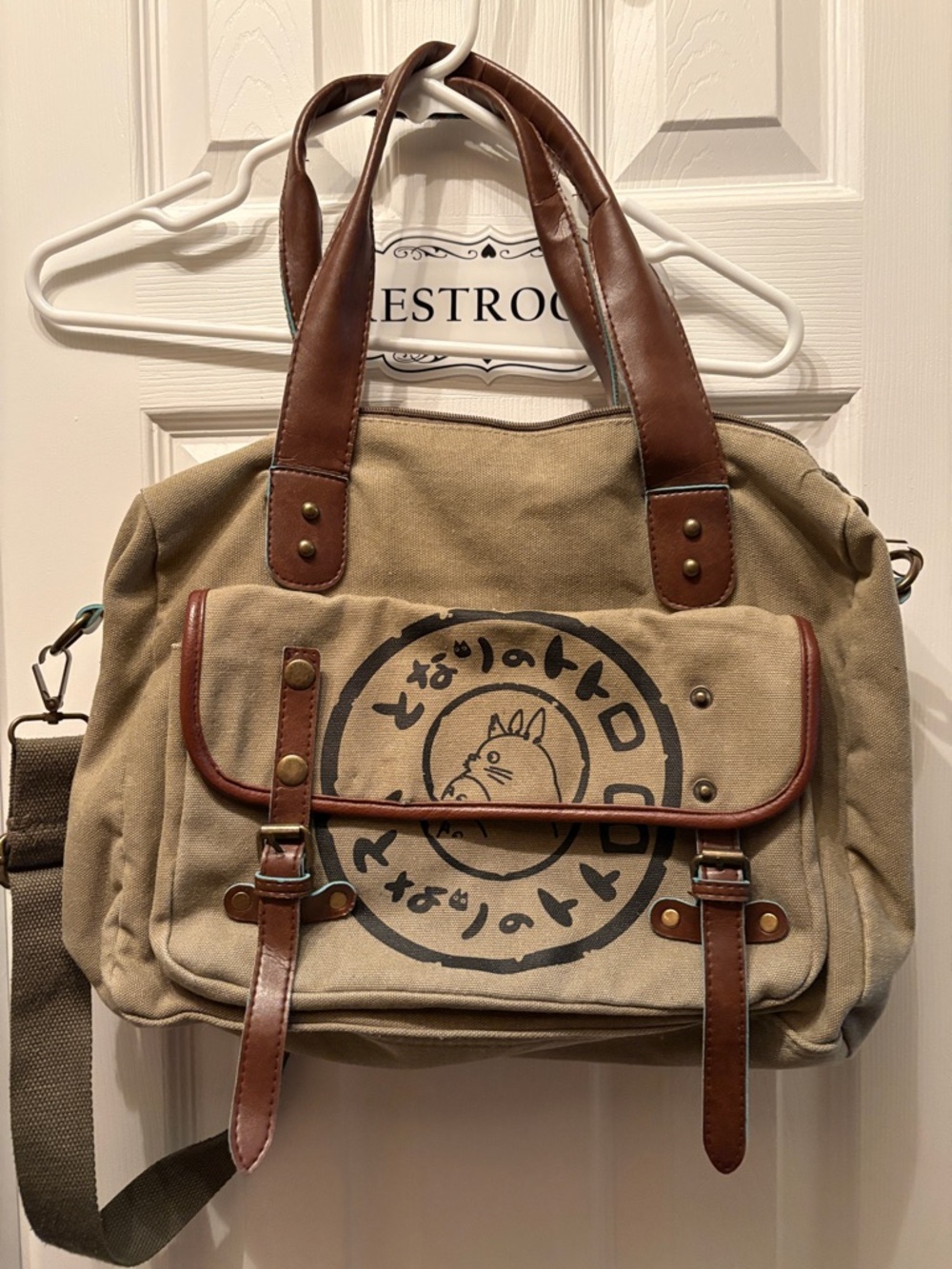 Beige Canvas Messenger Bag with Brown Trim featuring Totoro Graphic
